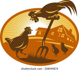 vector illustration of a rooster crowing on top of spade shovel with hen chicken and chicks and cottage farm house barn in background set inside oval with sunburst done in  retro style.