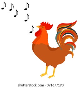 Vector illustration rooster crows, singing song.  Poultry farm animals