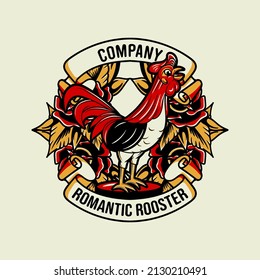 Vector illustration rooster and flowers badge mascot logo vintage traditional