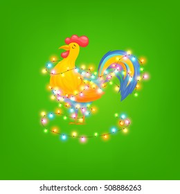 Vector illustration of rooster in garlands. symbol of New Year  on the Chinese calendar. 