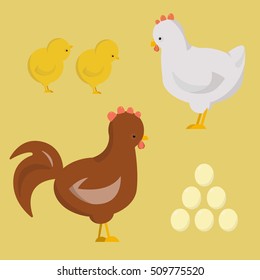 vector illustration of a rooster, hen and chicks