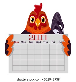 Vector Illustration of Rooster Holding 2017 Calendar