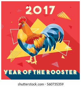 Vector illustration of rooster in low poly vector and memphis style background, symbol of 2017 on the Chinese New Year.