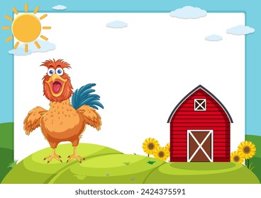 Vector illustration of a rooster near a red barn