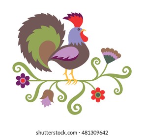 Vector illustration of rooster, New Years design element. Folk art styled illustration of rooster