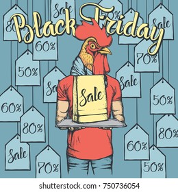 Vector illustration of rooster on Black Friday. Rooster with sale pack on shopping