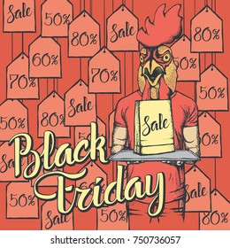 Vector illustration of rooster on Black Friday. Rooster with sale pack on shopping