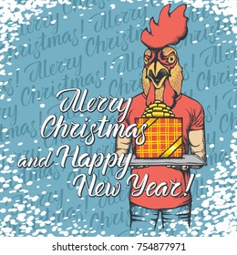 Vector illustration of rooster on Christmas with gift. Rooster with lettering Merry Christmas