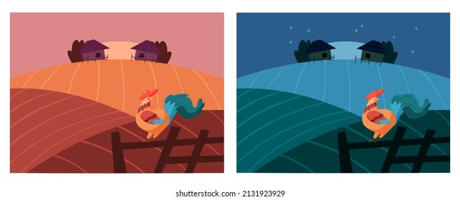 Ilustración vectorial de un gallo en el fondo de una granja. La imagen de la noche y del amanecer.