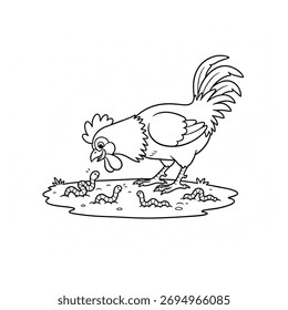 Ilustración vectorial de un gallo sobre hierba verde comiendo gusanos. Aislado en un fondo blanco.