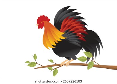 Vector illustration of a rooster on a tree branch
