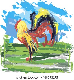 Vector illustration of a rooster painted in watercolor