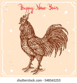 Vector illustration of rooster portrait - symbol of year, text Happy New Year on background with abstract paper texture, retro frame. Cock sketch. Linear art in vintage style for design.