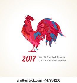 Vector illustration of rooster, symbol of 2017 on the Chinese calendar. Silhouette of red cock, decorated with floral patterns. Vector element for New Year's design. Image of 2017 year of Red Rooster.