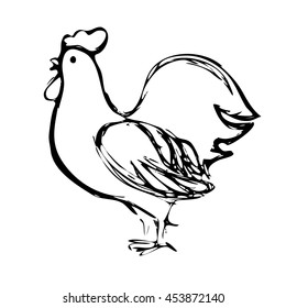 Vector illustration of rooster, symbol of 2017 on the Chinese calendar. Silhouette of sketch, white background.