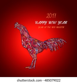 Vector illustration of rooster, symbol of 2017 on the Chinese calendar. Line art of red cock, decorated with doodle patterns,zentangle. Vector element for New Year's design. Year of Red Rooster.