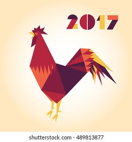 Vector illustration of rooster, symbol of 2017 on the Chinese calendar. Geometric silhouette of red cock, flat illustration. Vector element for New Year's design. Image of 2017 year of Red Rooster.