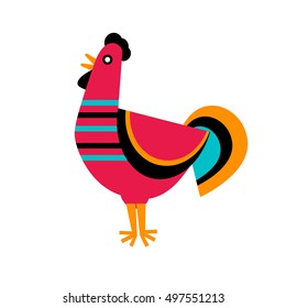 Vector illustration of rooster, symbol of 2017 on the Chinese calendar. Silhouette of red cock, decorated with floral patterns. Vector element for New Year's design. Image of 2017 year of Red Rooster.