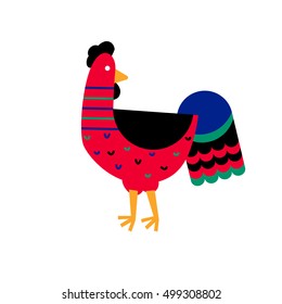 Vector illustration of rooster, symbol of 2017 on the Chinese calendar. Silhouette of red cock, decorated with floral patterns. Vector element for New Year's design. Image of 2017 year of Red Rooster.