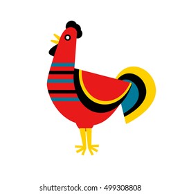 Vector illustration of rooster, symbol of 2017 on the Chinese calendar. Silhouette of red cock, decorated with floral patterns. Vector element for New Year's design. Image of 2017 year of Red Rooster.