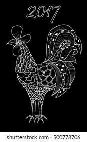 vector illustration of rooster symbol of 2017 year on black background n white outlines