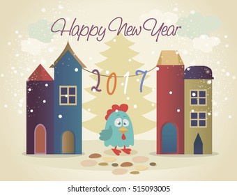 Vector illustration of rooster, symbol of 2017. Vector element for New Year's design. rooster came in winter town for holiday