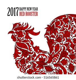 Vector illustration of rooster, symbol of 2017 on the Chinese calendar. Silhouette of red cock, decorated with floral patterns. Vector element for New Year's design. Two colors print