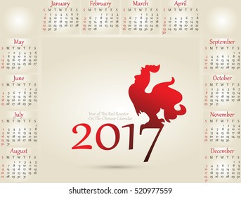 Vector illustration of rooster, symbol of 2017 on the Chinese calendar. Vector element for New Year's design. Image of 2017 year of Red Rooster.