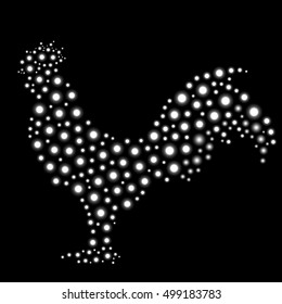 Vector illustration of rooster - symbol of chinese new year 2017. Rooster silhouette made with shining circles on black background.