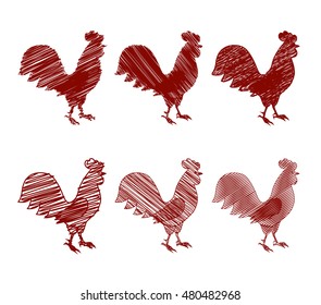 vector illustration. Rooster the symbol of the new year 2017, the set of contour icons, the shaded silhouette