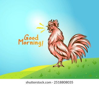 Vector illustration of a rooster wishing good morning. Good morning symbol during sunrise with cartoon rooster.