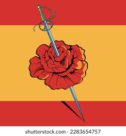 ilustración vectorial de una rosa cruzada por una espada en la bandera española.