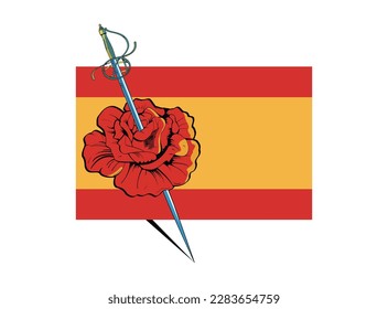 ilustración vectorial de una rosa cruzada por una espada en la bandera española.