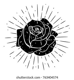 Vector illustration with a rose and divergent rays on white background. Used for poster, banner, web, t-shirt print, bag print, badges, flyer, logo design and more.