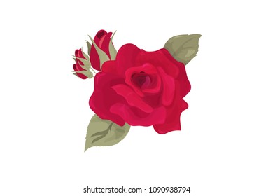 Vector illustration: Rose Flower bud isolated. Cut out Maroon Rose with leaflets made in a vintage style.