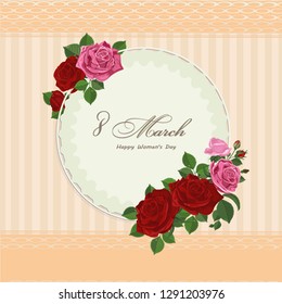Vector illustration with rose flower decor, leaves buds on beige background. Greeting card on March 8, Flyer, poster, design, invitation card template-Vector