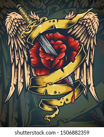 Vector illustration of rose flower with knife banner wing and blood