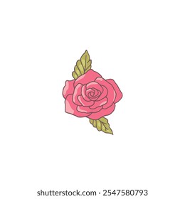 Vector illustration with rose flower with leaves in flat cartoon style. Red flower bud on isolated background. Icon for decoration or aromatherapy. Botanical plant.