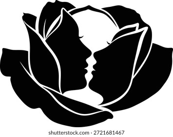 Vektorgrafik einer Rosenblume mit negativem Raum, die ein Paar bildet, das kurz davor steht zu küssen, und versteckte Liebe, Romantik und florale Schönheit darstellt, einzeln auf weißem Hintergrund