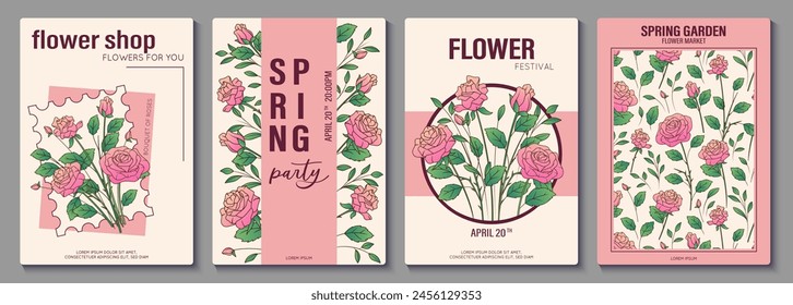 Ilustración vectorial de flores de rosas, ramo. Conjunto de carteles. Primavera, floristería, concepto de mercado de flores. Arreglo floral. 