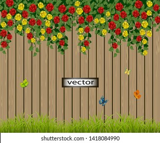 vector illustration of rose flowers braided in red and yellow curl along wooden fence grass green and butterflies colored