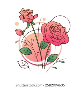 Ilustración vectorial de rosas. Composición brillante de rosa, hojas para el diseño, tarjeta, cartel, decoración de la floristería.
