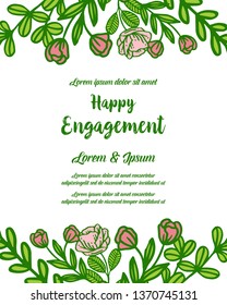 Vector illustration rose frame with various lettering of happy engagement hand drawn