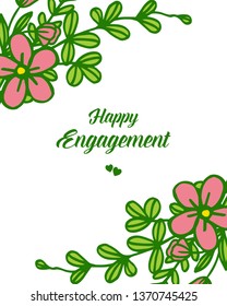 Vector illustration rose frame with various lettering of happy engagement hand drawn