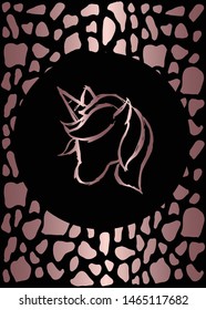 Vector Illustration of Rose Gold Card, Poster and Wallpaper of Unicorn Horse Icon or Drawing. Graphic Design For Background, Template, Decoration and More.