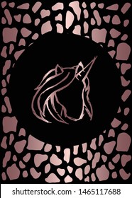 Vector Illustration of Rose Gold Card, Poster and Wallpaper of Unicorn Horse Icon or Drawing. Graphic Design For Background, Template, Decoration and More.