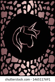 Vector Illustration of Rose Gold Card, Poster and Wallpaper of Unicorn Horse Icon or Drawing. Graphic Design For Background, Template, Decoration and More.