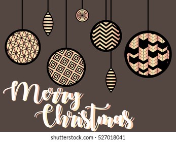 Vector illustration. Rose gold pattern. Abstract rose gold Christmas ball on brown background. Merry Christmas gift card.