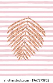 Ilustración vectorial con patrón inoxidable de oro rosa Hoja de palmera brillante con brillo dorado sobre fondo rayado rosa y blanco