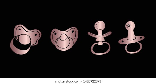 Vector Illustration of Rose Gold Set Collection of Baby Pacifier Icons. Graphic Design For Background, Poster, Card, Wallpaper, Decoration, Template, Logo and More. 